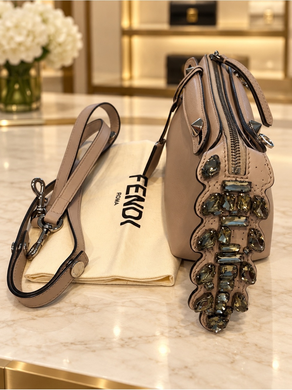 Fendi By The Way Mini Light Grey Taupe Leather Crystal Side Panels Silver Hardwa
